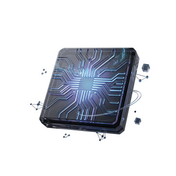 3D AI automation microchip with glowing blue digital circuitry patterns floating in transparent background for technology concepts