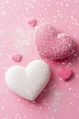 Fototapeta premium Pink and white heart shapes dusted with snow on a pink background