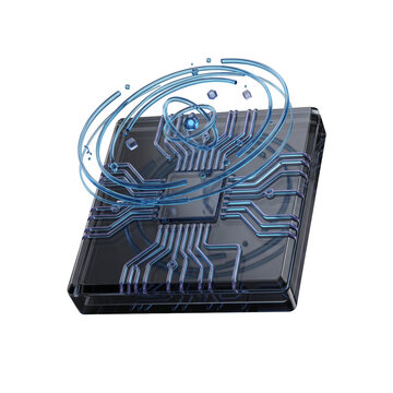 3D ai automation microchip with glowing blue digital circuitry loops on a professional transparent background isolated design element