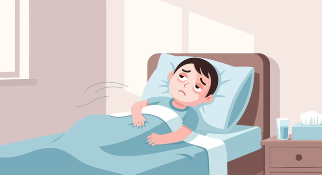 Illustration Of A Sick Child Suffering In Bed During Sickness Or Illness, Sadness