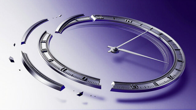 Shattering silver clock on purple background representing lost time