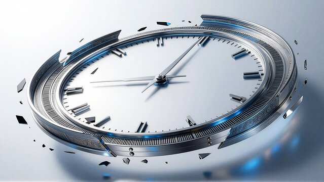 Modern conceptual silver clock breaking apart