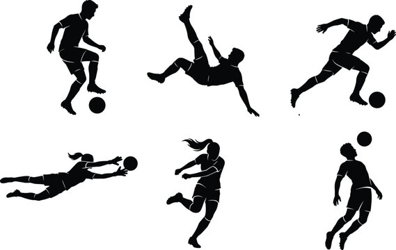 Soccer players silhouettes set featuring male and female athletes kicking dribbling heading and diving goalkeeper