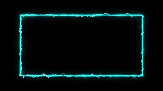Abstract turquoise neon rectangle frame animation with dynamic power surges, intense cyan geometric lightning border line with electric light distortion isolated on black 4K