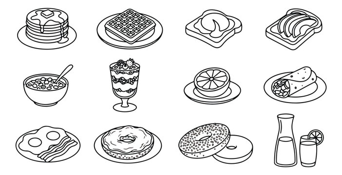 Minimalist breakfast food icons set, 12 black and white line art vector illustrations, morning brunch meal elements for menu design