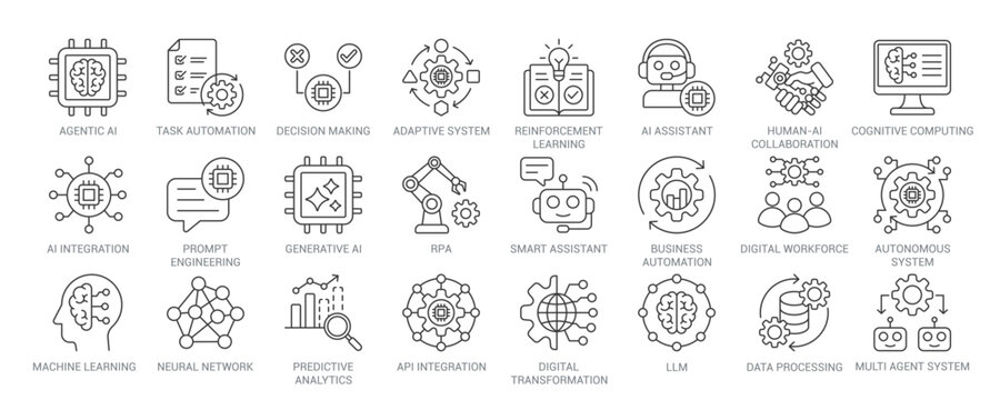 Agentic AI outline vector icon set featuring generative AI, LLM, AI assistant, prompt engineering, machine learning, business automation, multi-agent system concepts.