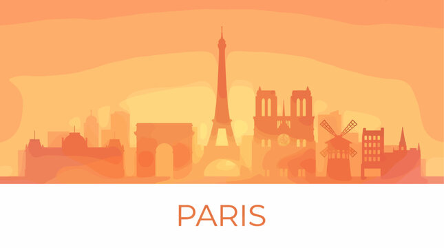 Minimalist Paris Skyline Silhouette at Sunset with Eiffel Tower, Arc de Triomphe, Notre Dame, and Moulin Rouge, Warm Orange Gradient Background, Vector Illustration