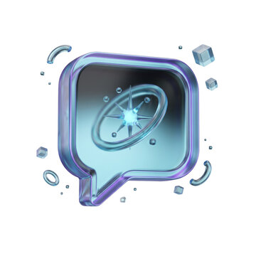 3D ai automation speech bubble icon with glowing digital particles and metallic blue glass aesthetic isolated element with transparent background