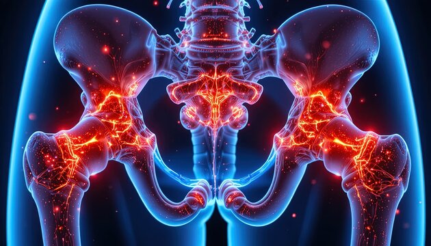 Glowing red hip bones with blue outline on dark background