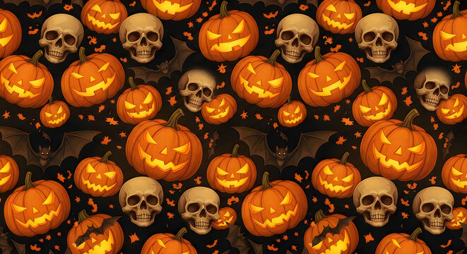 Seamless Halloween pattern with jackolanterns skulls bats and autumn leaves on a dark background