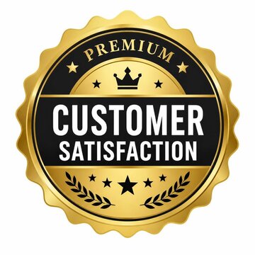 Golden Premium Customer Satisfaction Guarantee Badge Emblem Seal Design Featuring Professional Typography and Laurel Accents
