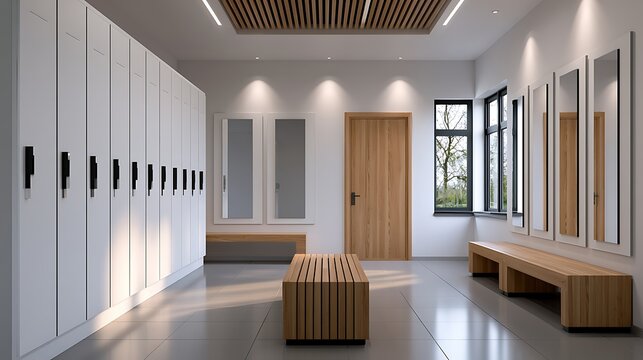 Modern locker room interior with wooden bench and white lockers