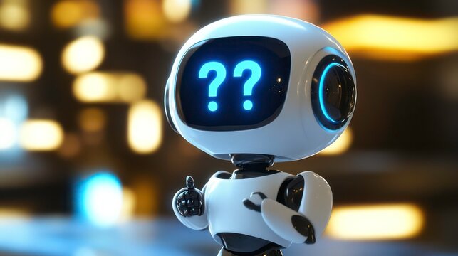Cute robot with question marks on its screen, giving a thumbs up.