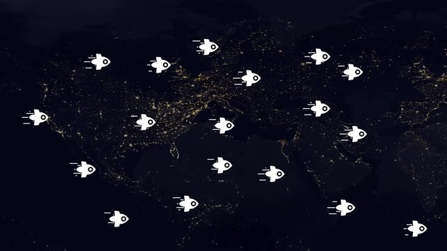 Numerous small white rocket ship are scattered across a dark background depicting a nighttime view of Earth with glowing city lights visible on the continents, suggesting space exploration or