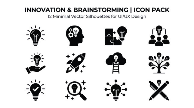 Innovation and brainstorming icon set. Containing lightbulb, creative mind, and strategy icons. Vector illustration.