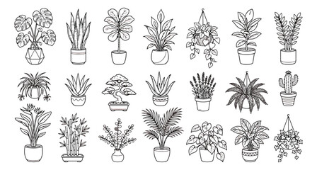 Minimalist houseplant line art collection, 21 indoor potted plant vector icons, hand drawn botanical sketches for home decor and interior design © Farah-Studio
