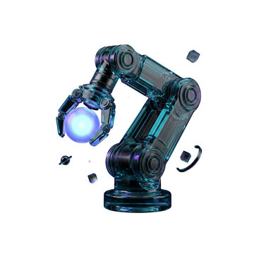 3D ai automation robotic arm holding glowing energy orb with floating geometric elements in modern glass style with transparent background