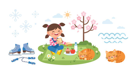 Naklejka premium A cheerful girl enjoys a picnic with her cat under a blooming tree, surrounded by icons representing different seasons and outdoor activities.