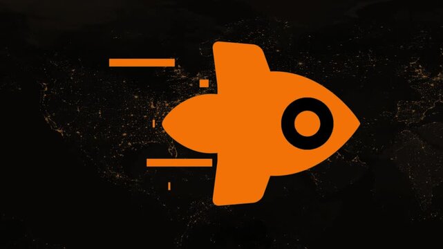 A large vibrant orange rocket ship with black accents and motion lines zooms across a dark background showing a nighttime view of Earth with glowing city lights, conveying a sense of speed and
