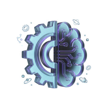 3D AI automation gear and brain split icon with blue neon lighting and circuit board texture transparent background