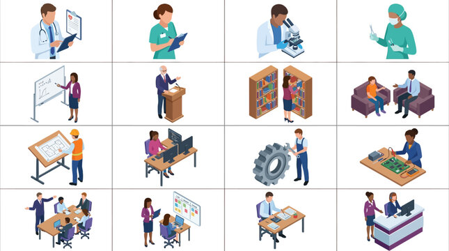 Minimalist Illustrated Icons of Diverse Professional Roles and Activities in Workplace Scenarios