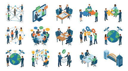 Fototapeta premium Professional Illustrated Icons Showcasing Diverse Business Collaboration Networking and Global Communication Concepts