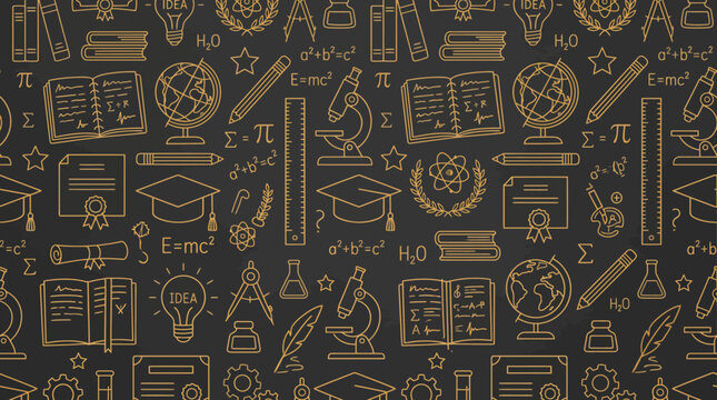 Elegant Seamless Education Doodle Pattern on Black Blackboard Texture Background