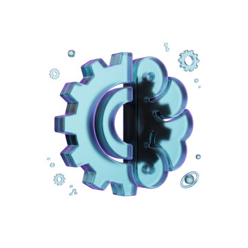 3D ai automation gear icon with glossy blue glass texture and floating components in transparent background style