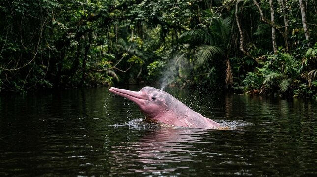 Amazon River Dolphin Emerging From Water in Rainforest.