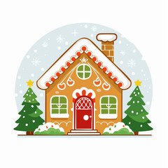 Fototapeta premium Flat design gingerbread house with Christmas trees and snow