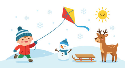 Fototapeta premium A happy boy in winter gear flies a colorful kite in a snowy scene with a snowman, sled, reindeer, and a smiling sun under a light snowfall.