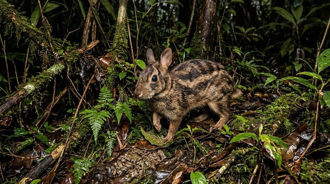 Annamite Striped Rabbit in its natural rainforest habitat.