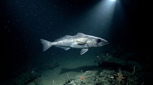 Atlantic Cod swimming in the dark depths of the ocean.
