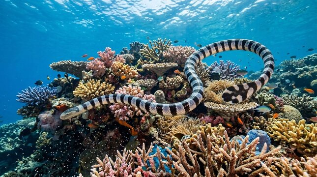 Banded Sea Krait Snake Swimming Over Tropical Coral Reef.