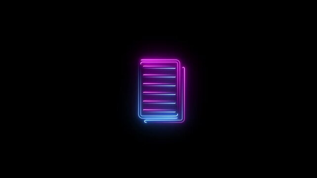 Neon glowing document with horizontal lines representing text or a list against a dark background with a vibrant pink and blue outline effect symbolizing digital information or a checklist in a