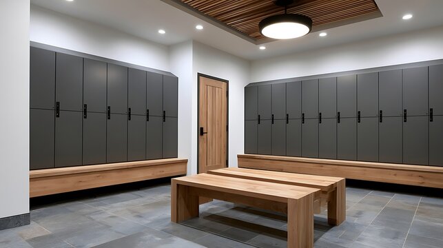 Modern locker room interior with wooden bench and gray locker doors