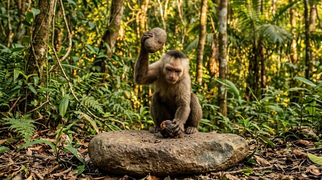 Bearded Capuchin monkey using a stone tool in the wild.