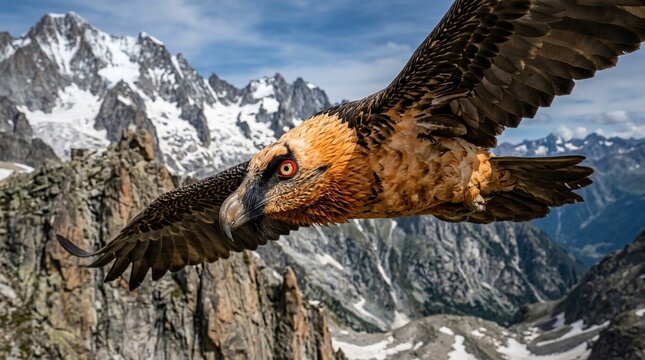Bearded Vulture soaring over the majestic snow capped Alps.