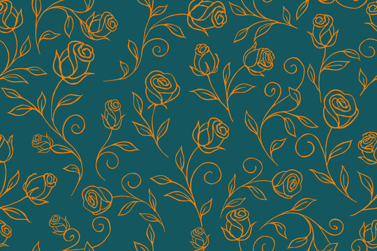 Elegant seamless pattern featuring delicate orange rose outlines with flowing vines on a deep teal background. Perfect for fabric, wallpaper, wrapping paper, and decor.