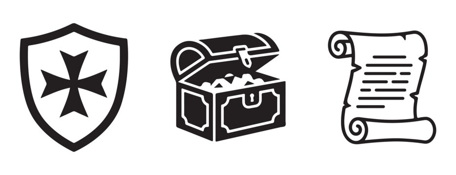 Medieval black knight shield pirate treasure chest and vintage paper scroll silhouette icon set