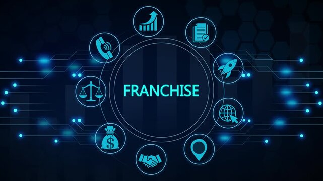 Digital franchise business growth: network data charts, technology background