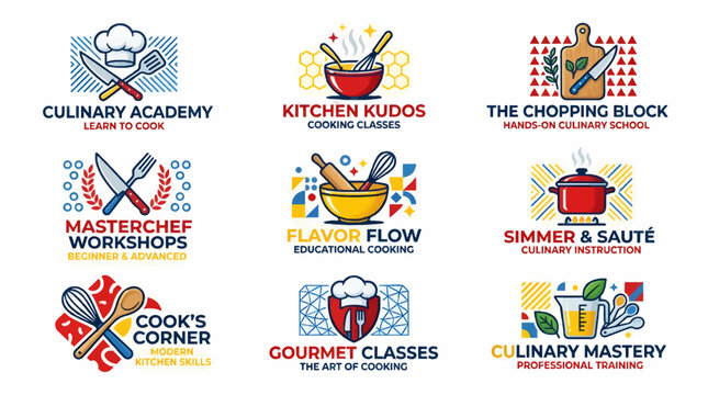 Flat Design Culinary Logos Collection Featuring Kitchen Utensils, Chef Hats, and Food Icons, Vibrant Vector Graphics for Cooking Classes and Education