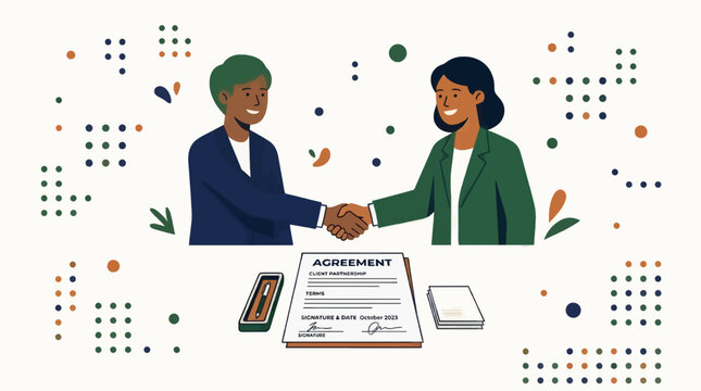 Diverse Business People Shaking Hands Over Signed Contract, Modern Flat Graphic Style with Abstract Shapes, Partnership Deal