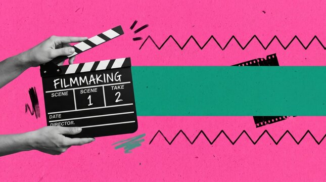 Dynamic film production montage showcasing clapperboard cameras and cinematic elements