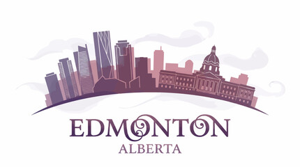 Fototapeta premium Edmonton Alberta Skyline Silhouette with Modern and Dome Architecture, Minimalist Vector Illustration in Purple and Pink Tones, Cityscape Graphic
