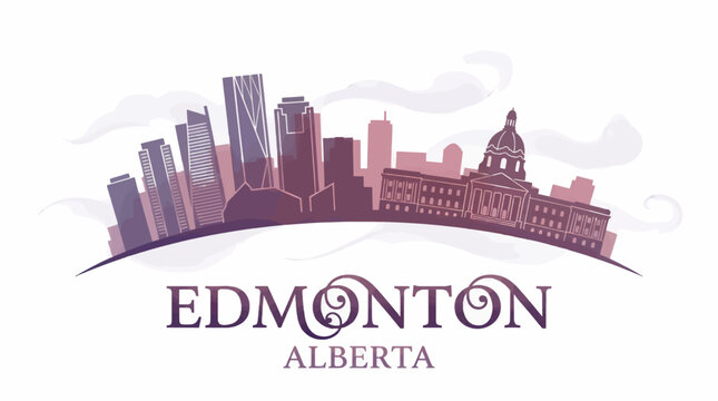 Edmonton Alberta Skyline Silhouette with Modern and Dome Architecture, Minimalist Vector Illustration in Purple and Pink Tones, Cityscape Graphic