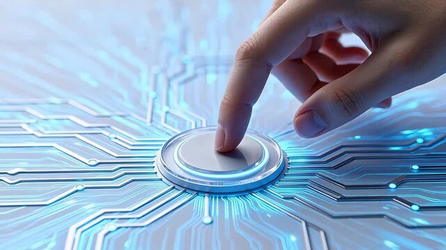 Hand pressing futuristic glowing button