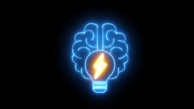 Neon brain with glowing light bulb and lightning bolt. Creative mind brain symbol for bright innovation thinking idea. Animated brain graphic visual.
