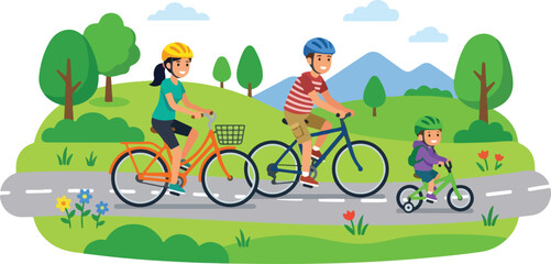 Fototapeta premium Family enjoying outdoor leisure ride on bicycles together in nature
