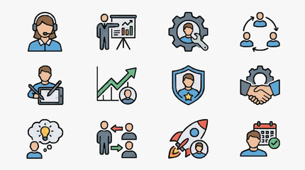Fototapeta premium Creative Set of 12 Flat Icons Illustrating Diverse Business and Teamwork Concepts with Minimalist Design